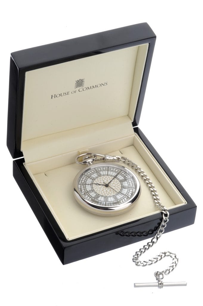 House of Commons dial chrome-plated pocket watch, presented in its bespoke gift box