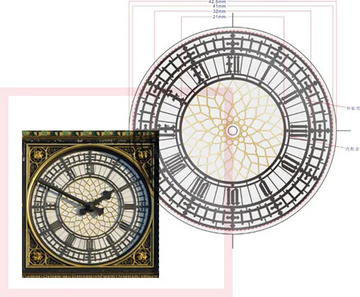 Elizabeth Tower West Dial Design A line drawing of a clock dial with a smaller colour photograph of the same dial inserted to the left.