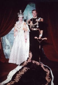 Queen Elizabeth II wearing the magnificent crown for her coronation portrait, accompanied by the Duke of Edinburgh, 1953.