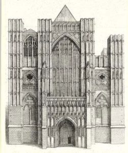 A line drawing of the West Front of Westminster Abbey prior to the completion of the towers.