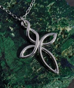 A sterling silver twist cross pendant on a chain