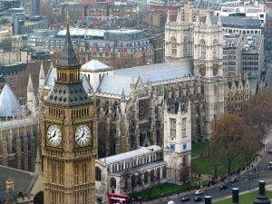 A view of Westminster Abbey from the north east, with the top of the Elizabeth Tower in the foreground.