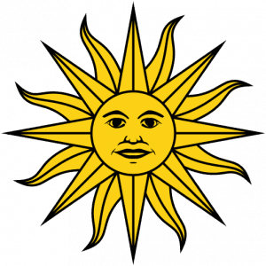 An illustration of a yellow "Sol de Mayo" with 16 alternating curved and straight rays, and a central circle with a human face.