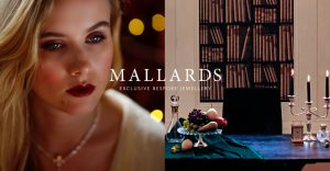 Mallards' pearl necklace worn by a model, and the photo shoot set in the background