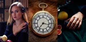 Model wearing Mallards jewellery plus a pocket watch