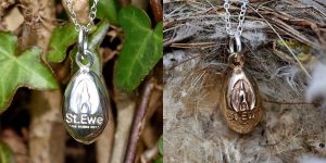 Silver and bronze egg pendants for St Ewe Free Range Eggs