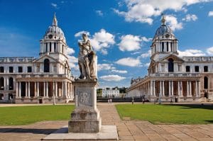Hall and chapel at Greenwich, statue in the foreground